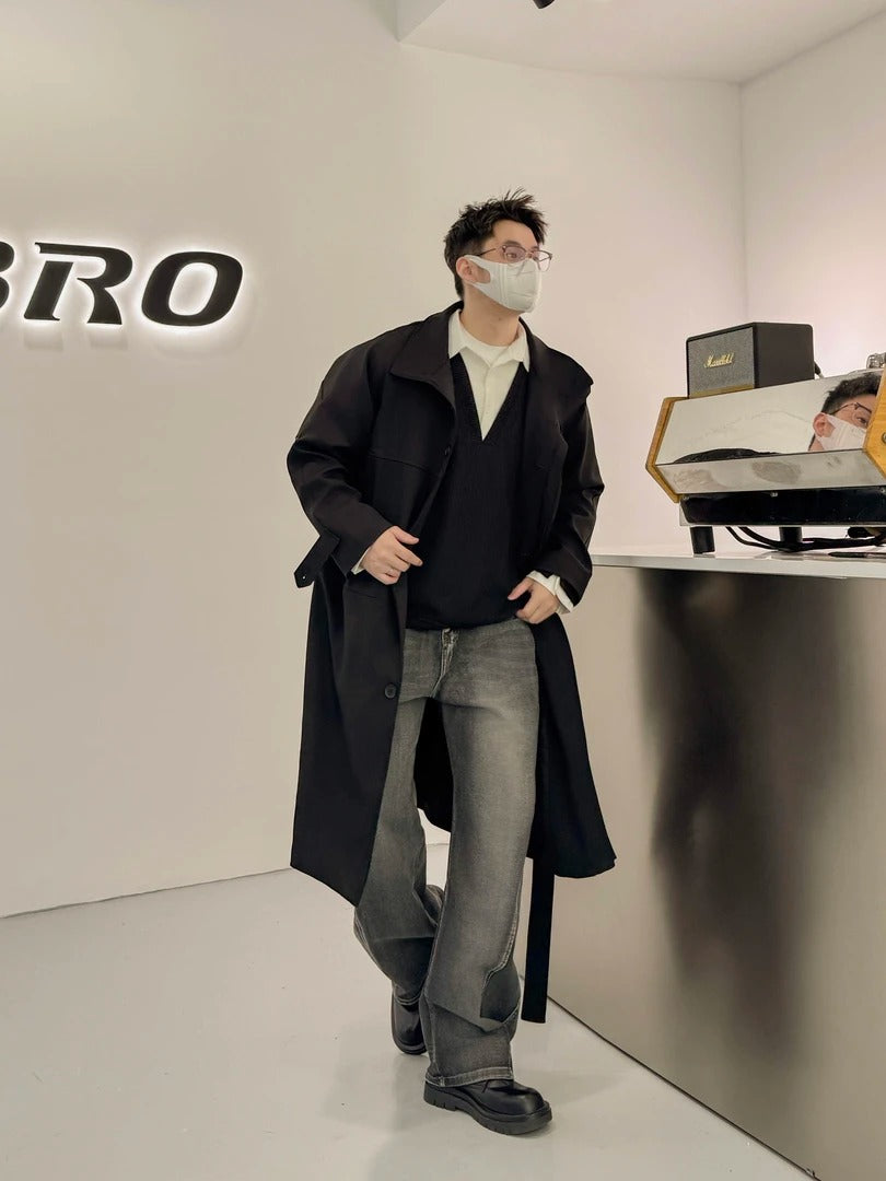 남성용 베이지 오버사이즈 울 트렌치 코트 - 레트로 롱라인 스타일 EHW5019