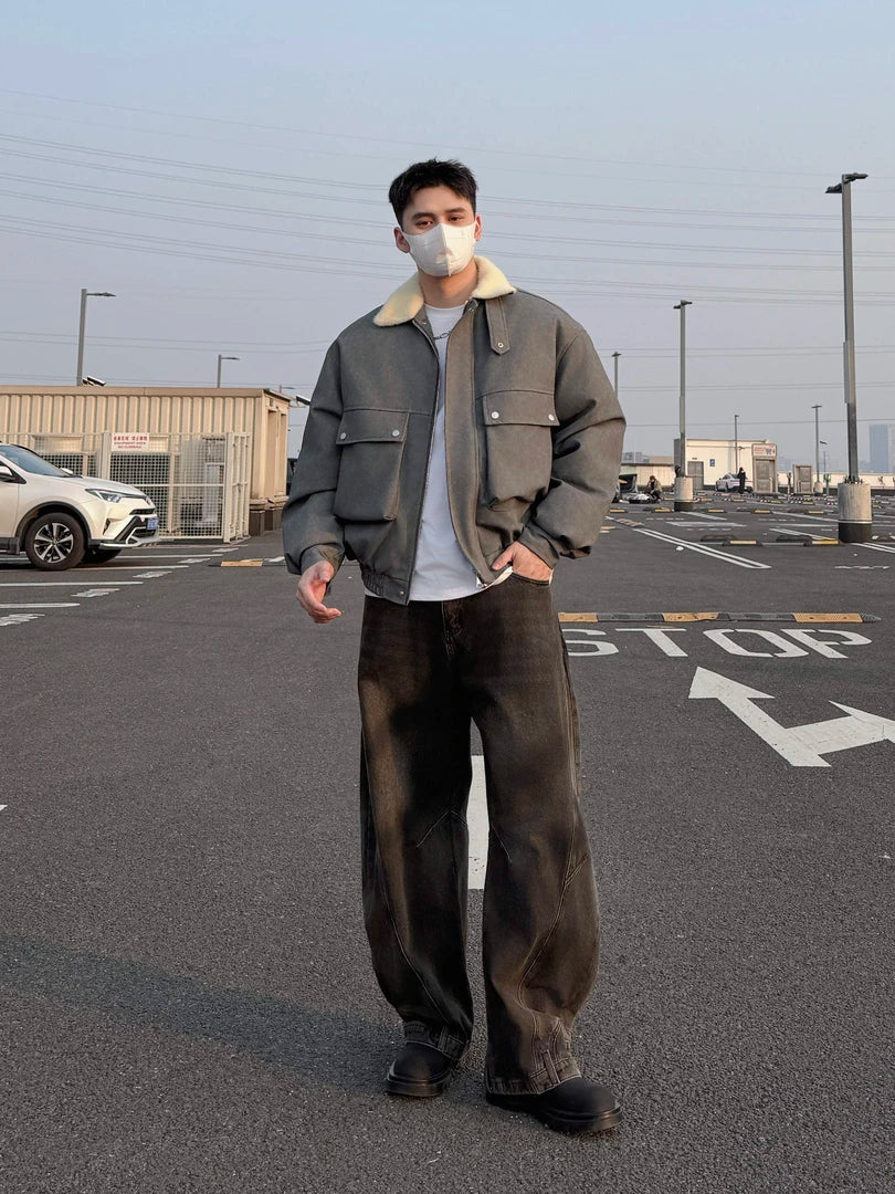 STREET STYLE BOMBER JACKET-BLACK LEATHER-LOOK WITH COZY CREAM COLLAR EHW5016