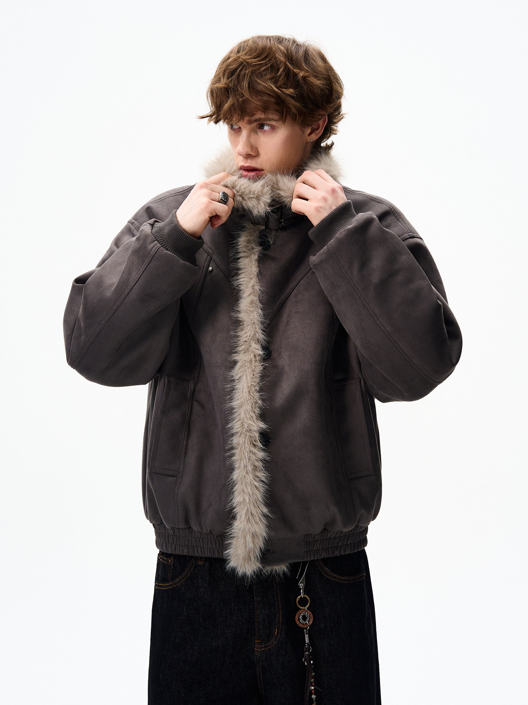 FAUX SUEDE FUR-TRIM PADDED JACKET EHW5005