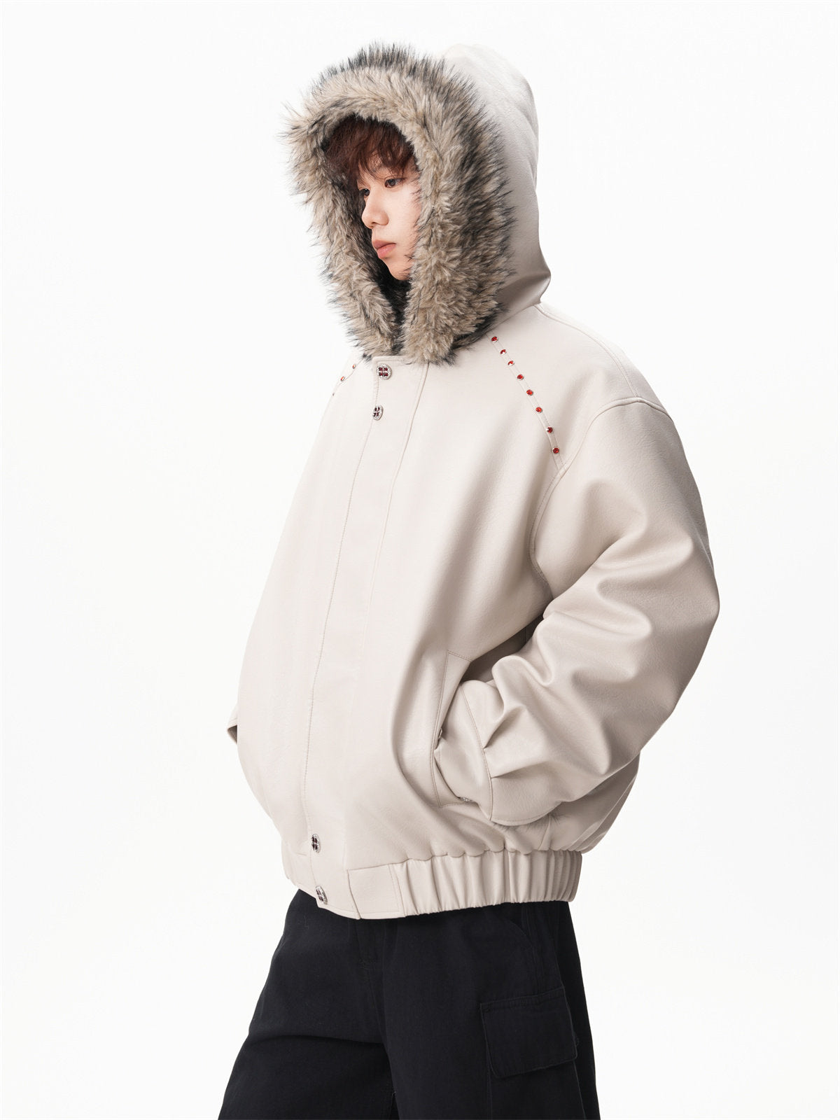 Amerikanischer Hip-Hop-Mantel mit Litschi-Muster, PU-Sitz, Bergmotiv, wattiert, trendige Herrenjacke mit Kapuze und Kapuze, SIN0899