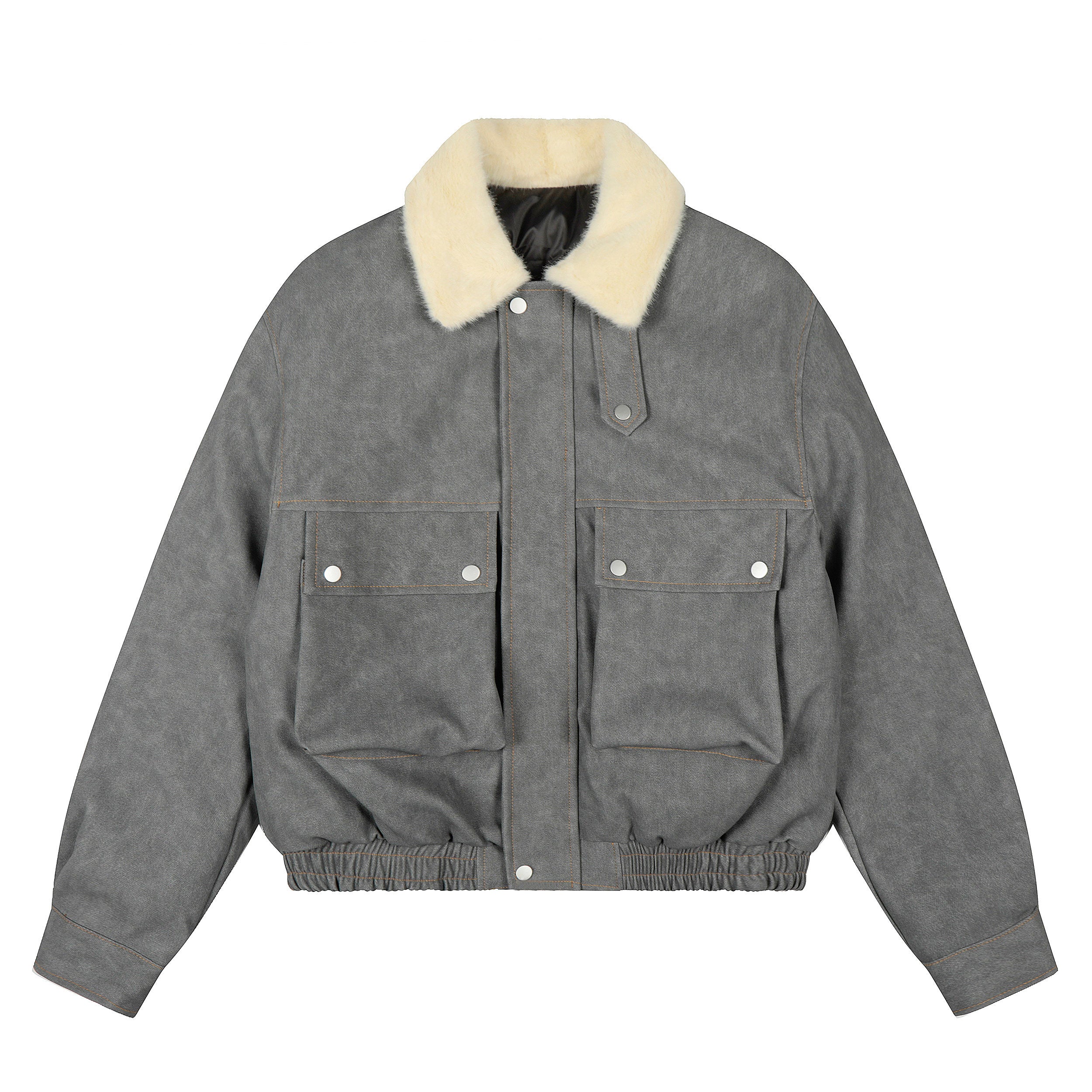 STREET STYLE BOMBER JACKET-BLACK LEATHER-LOOK WITH COZY CREAM COLLAR EHW5016