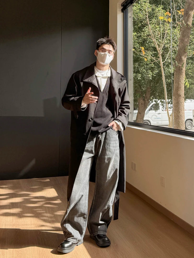 MEN'S BEIGE OVERSIZED WOOL TRENCH COAT - RETRO LONGLINE STYLE EHW5019