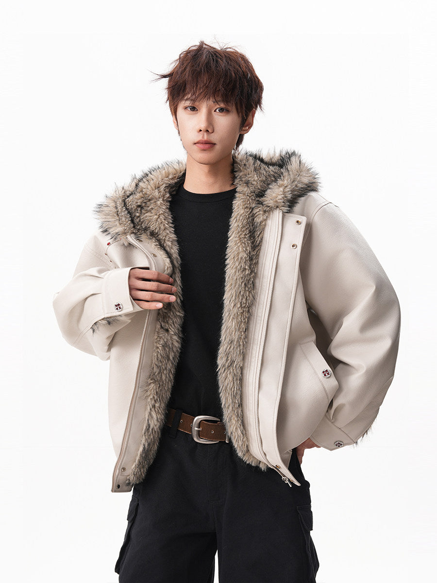 Amerikanischer Hip-Hop-Mantel mit Litschi-Muster, PU-Sitz, Bergmotiv, wattiert, trendige Herrenjacke mit Kapuze und Kapuze, SIN0899