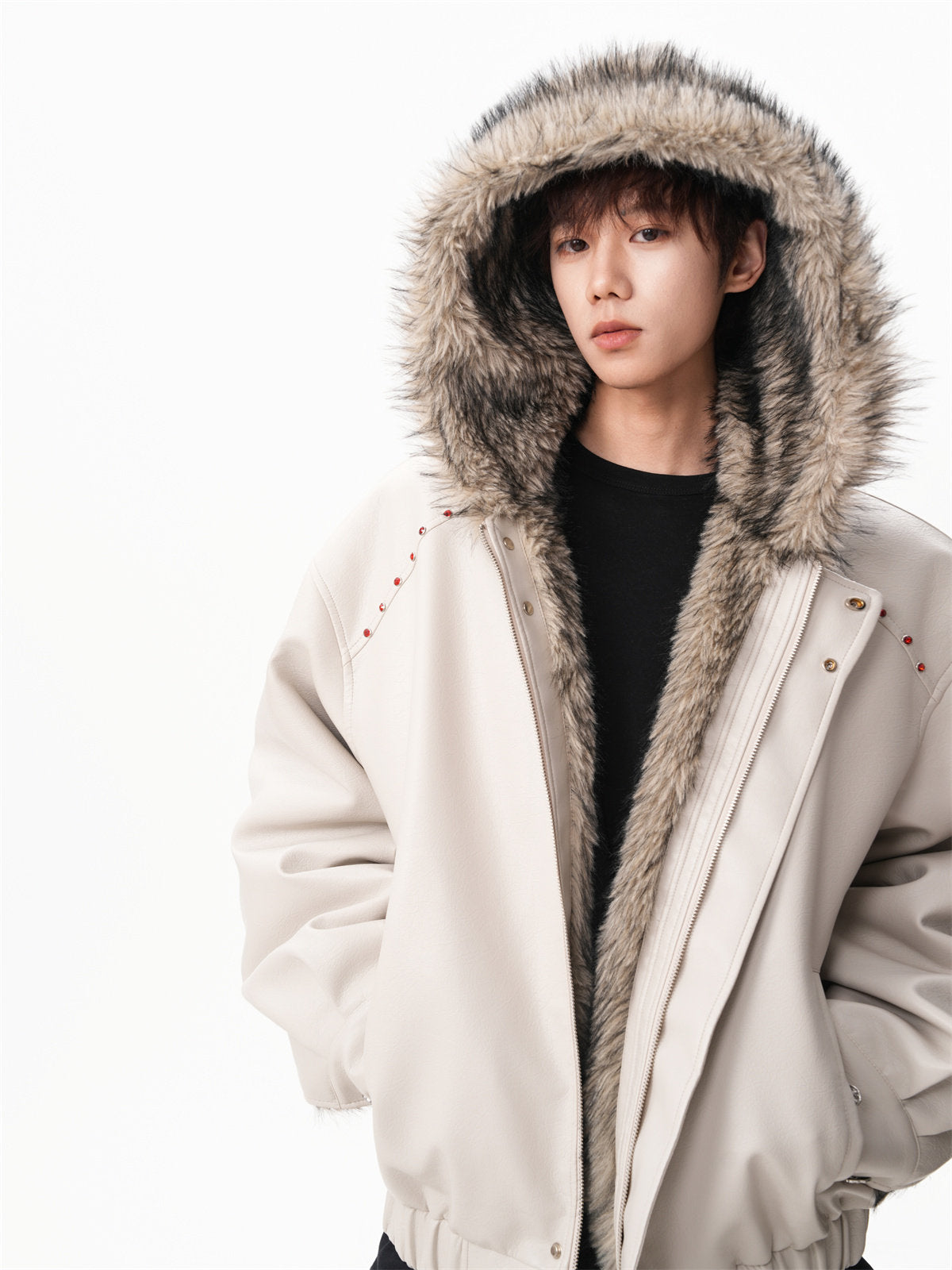 FAUX LEATHER FUZZY HOODED JACKET - EDGY STUDDED COAT EHW5026