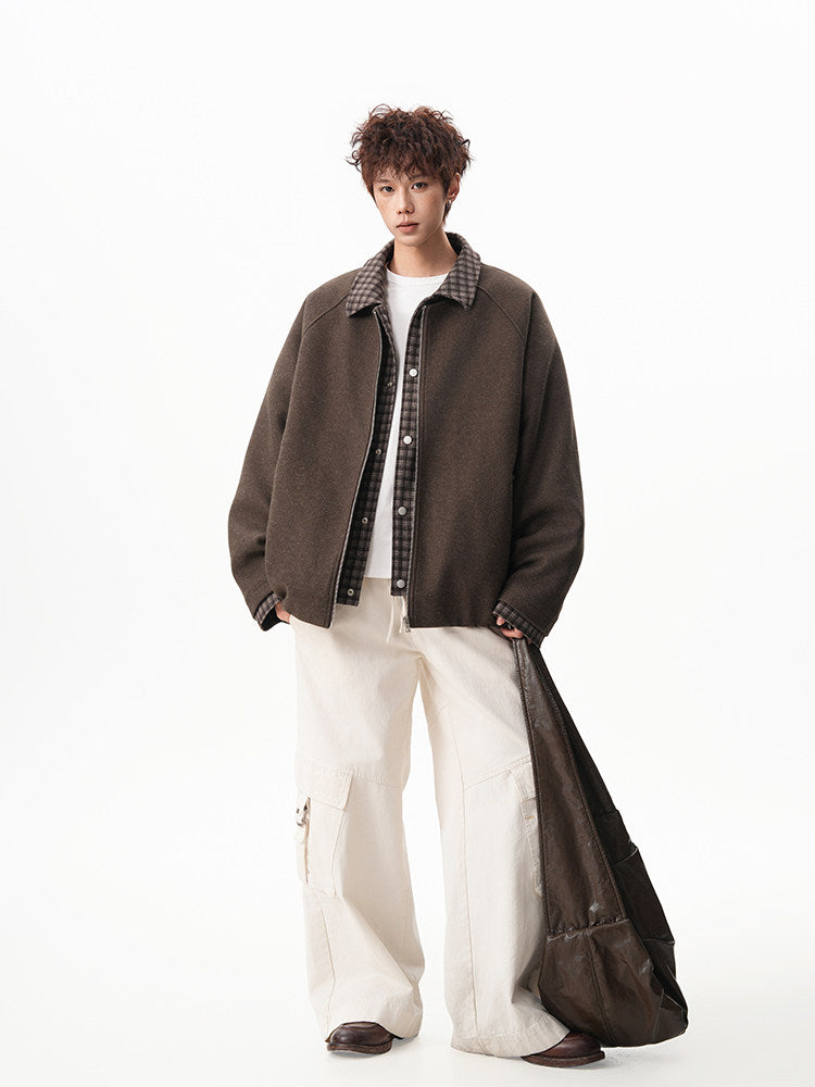 VINTAGE TWO-IN-ONE PLAID COLLR BOMBER OVERSIZED UNISEX STREET JACKET EHW5003