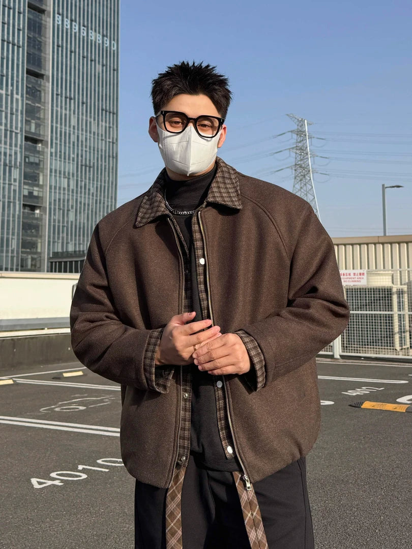 VINTAGE TWO-IN-ONE PLAID COLLR BOMBER OVERSIZED UNISEX STREET JACKET EHW5003