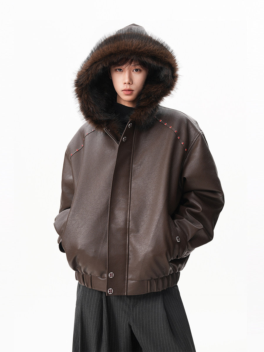 Amerikanischer Hip-Hop-Mantel mit Litschi-Muster, PU-Sitz, Bergmotiv, wattiert, trendige Herrenjacke mit Kapuze und Kapuze, SIN0899