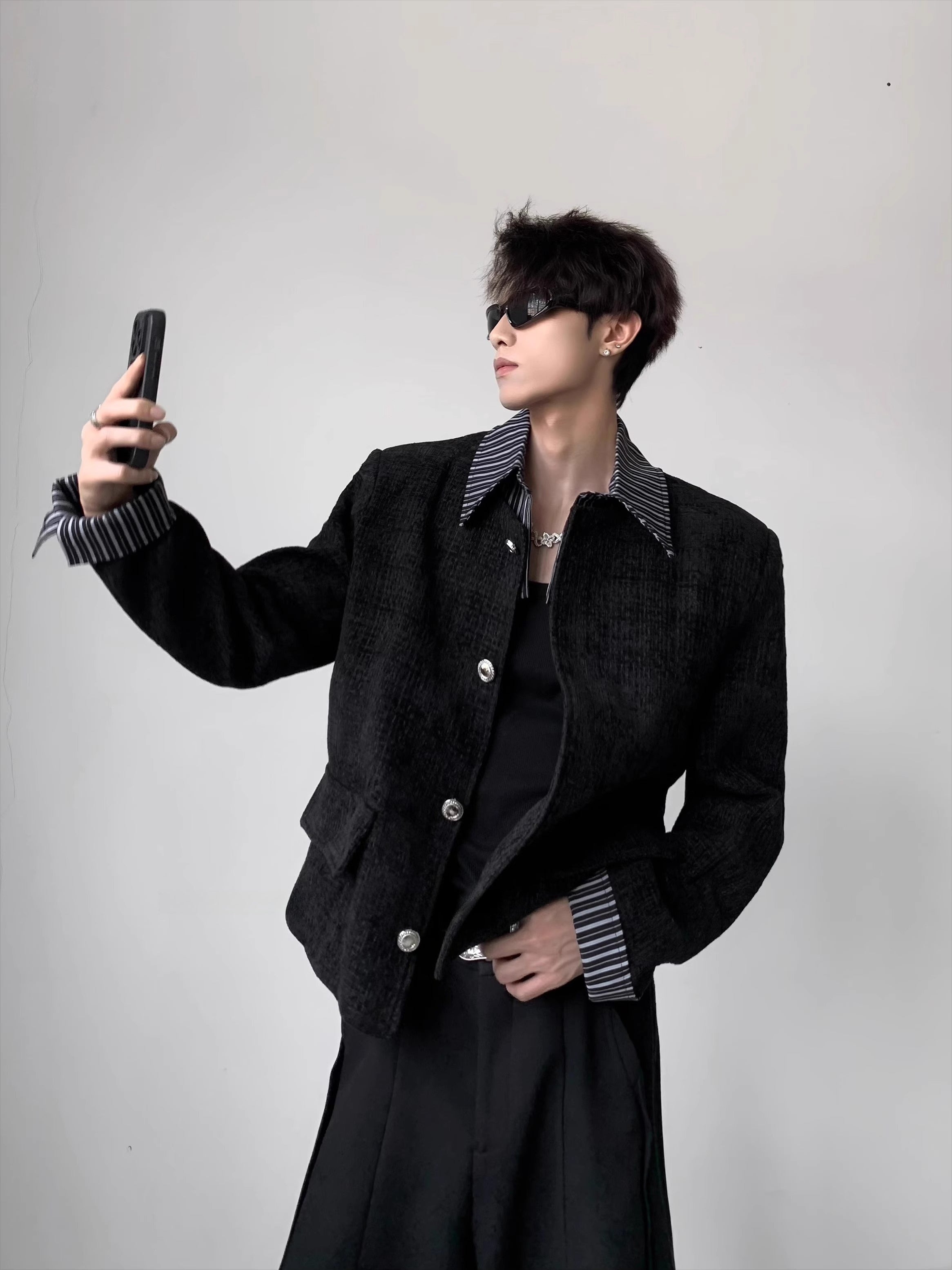 Premium fake two-piece design plaid shoulder pad cleanfit jacket men's high-end luxury jacket