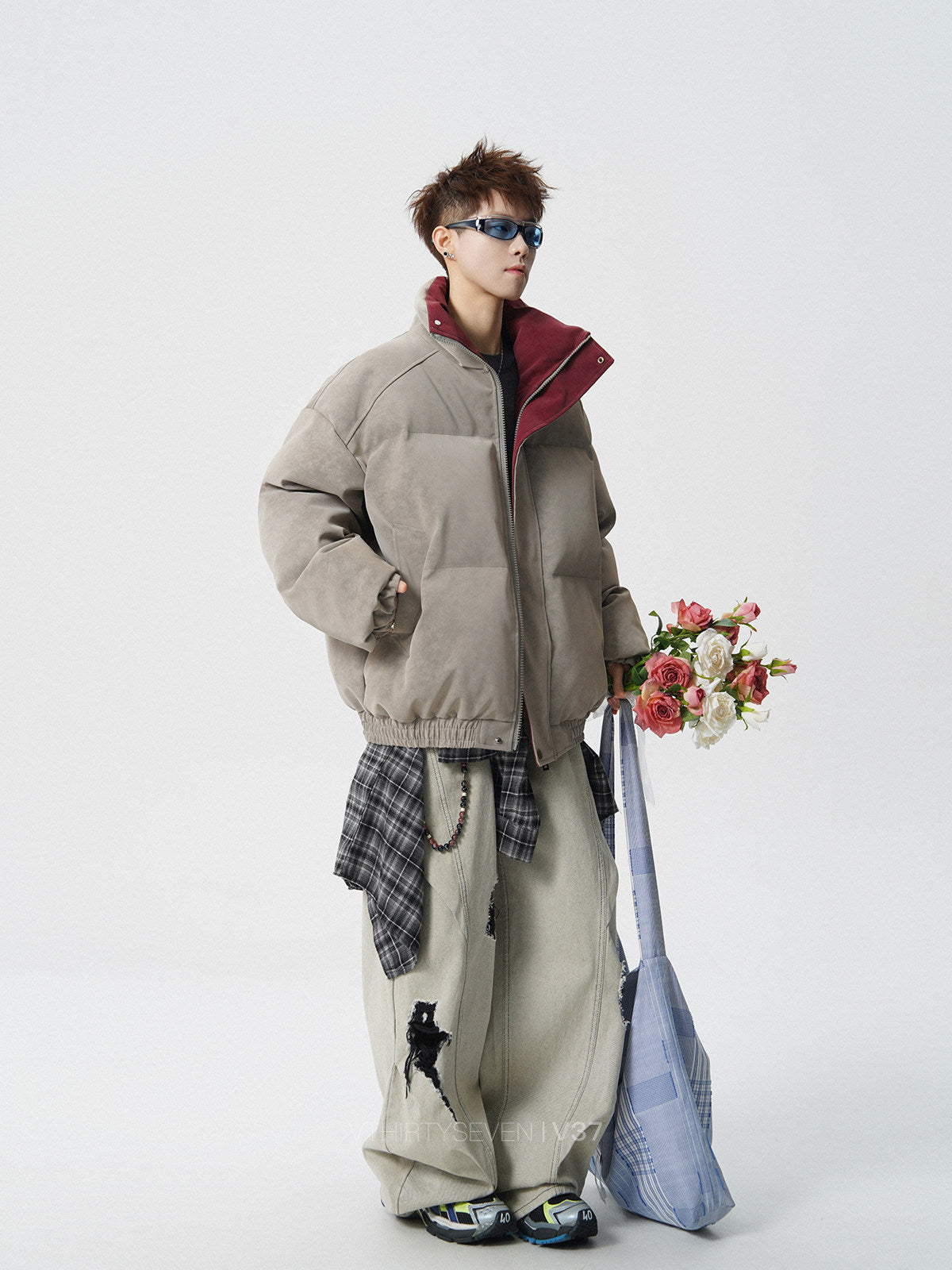 COLOR BLOCK COLLAR OVERSIZED BOMBER JACKET EHW5032