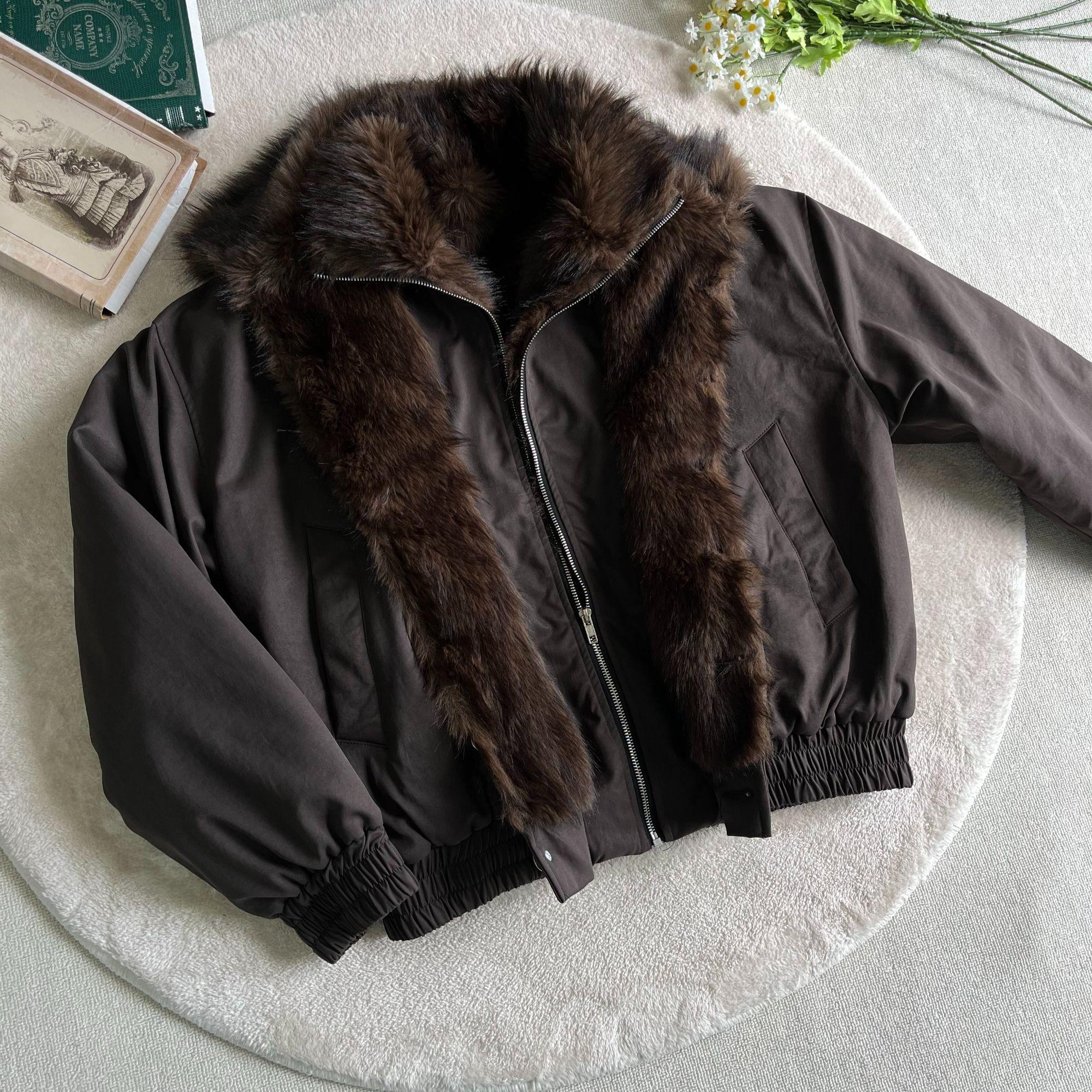 FAUX FUR TRIM CROPPED BOMBER JACKET-FAUX TWO-PIECE STYLE EHW5031