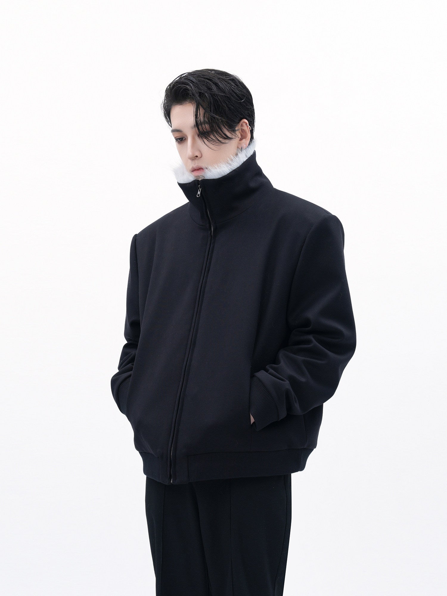 BOMBER JACKET WITH FAUX FUR COLLAR-STREET STYLE WARM ZIP-UP OUTWEAR EHW5012