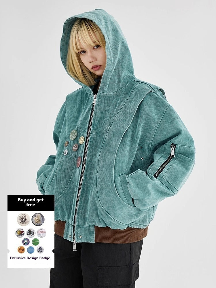 Spring and Autumn Guochao American High Street Vintage Detroit Jacket Trendy Brand Hooded Jacket Men and Women