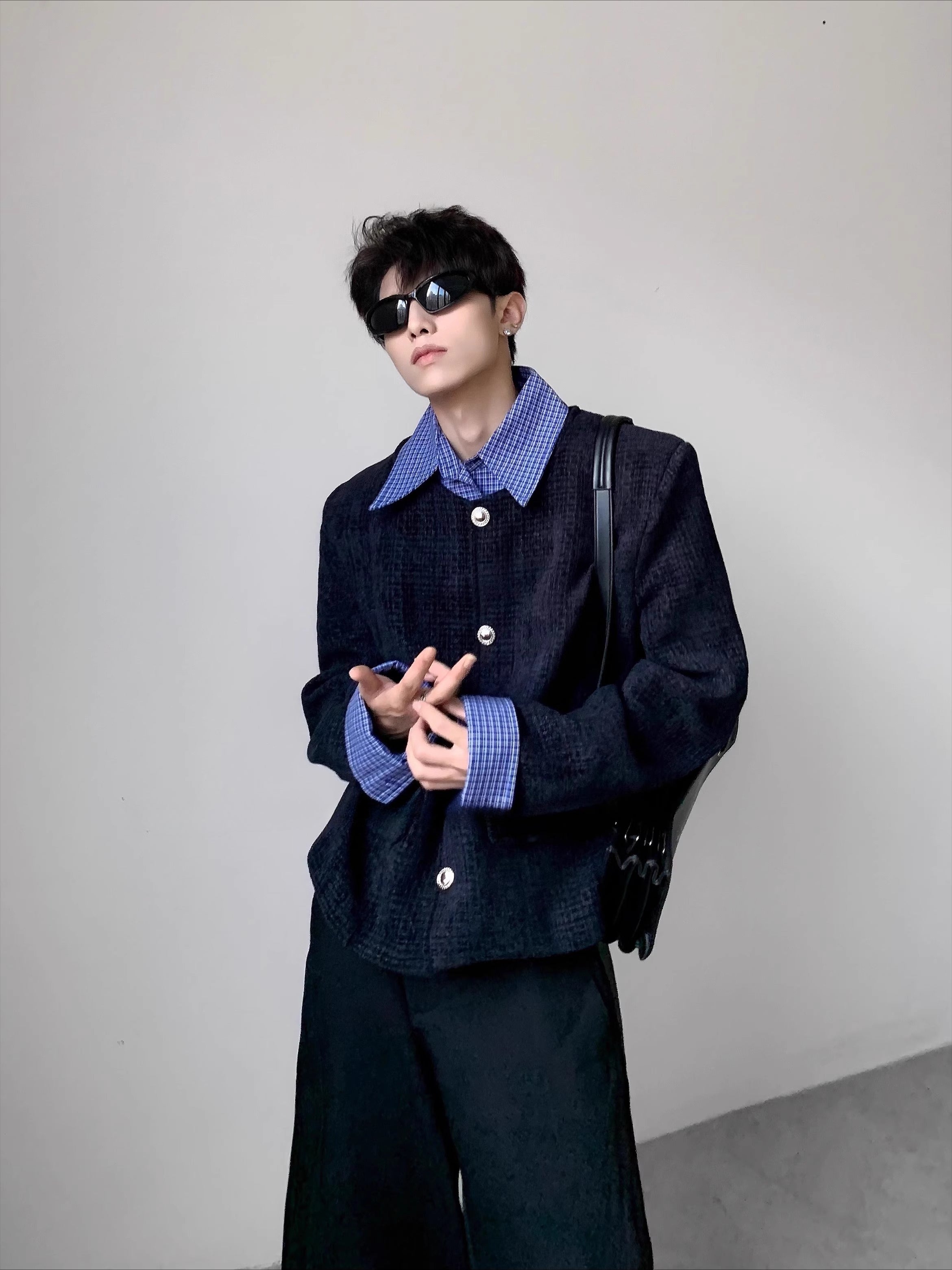 Premium fake two-piece design plaid shoulder pad cleanfit jacket men's high-end luxury jacket