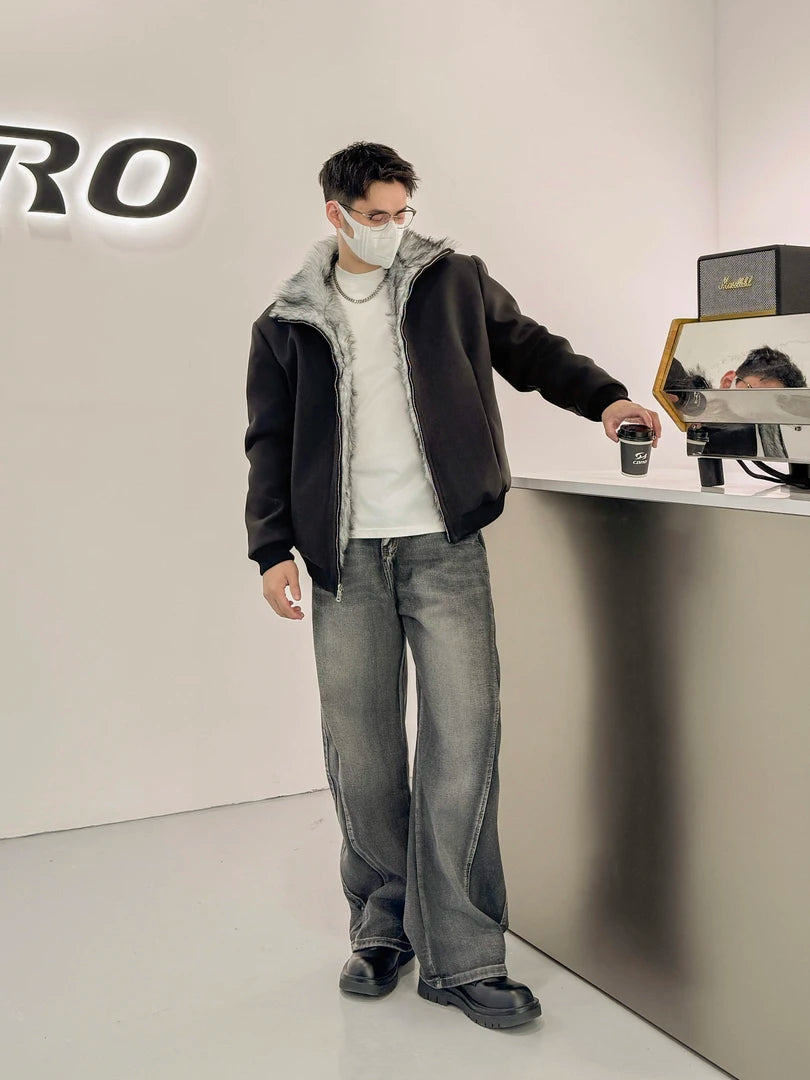 BOMBER JACKET WITH FAUX FUR COLLAR-STREET STYLE WARM ZIP-UP OUTWEAR EHW5012