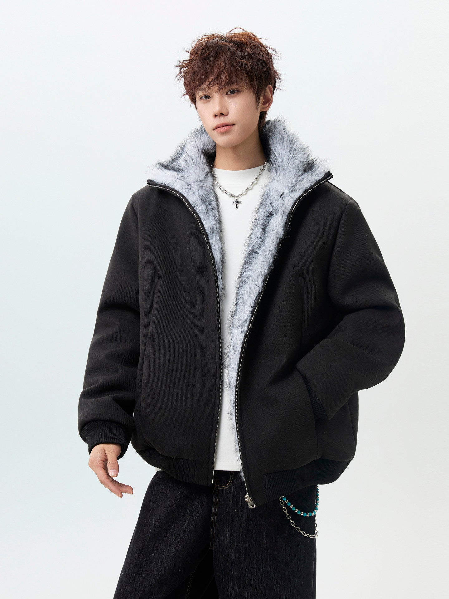 BOMBER JACKET WITH FAUX FUR COLLAR-STREET STYLE WARM ZIP-UP OUTWEAR EHW5012