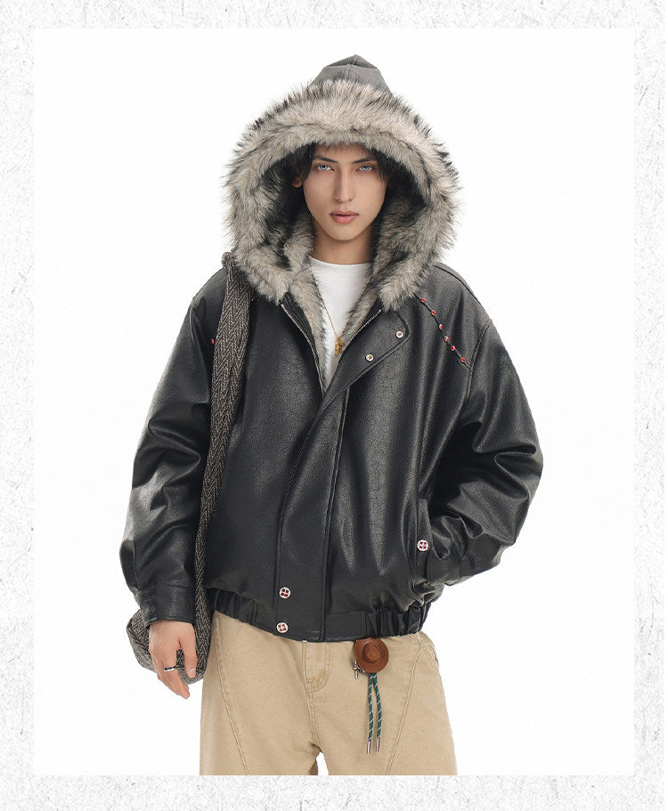 FAUX LEATHER FUZZY HOODED JACKET - EDGY STUDDED COAT EHW5026