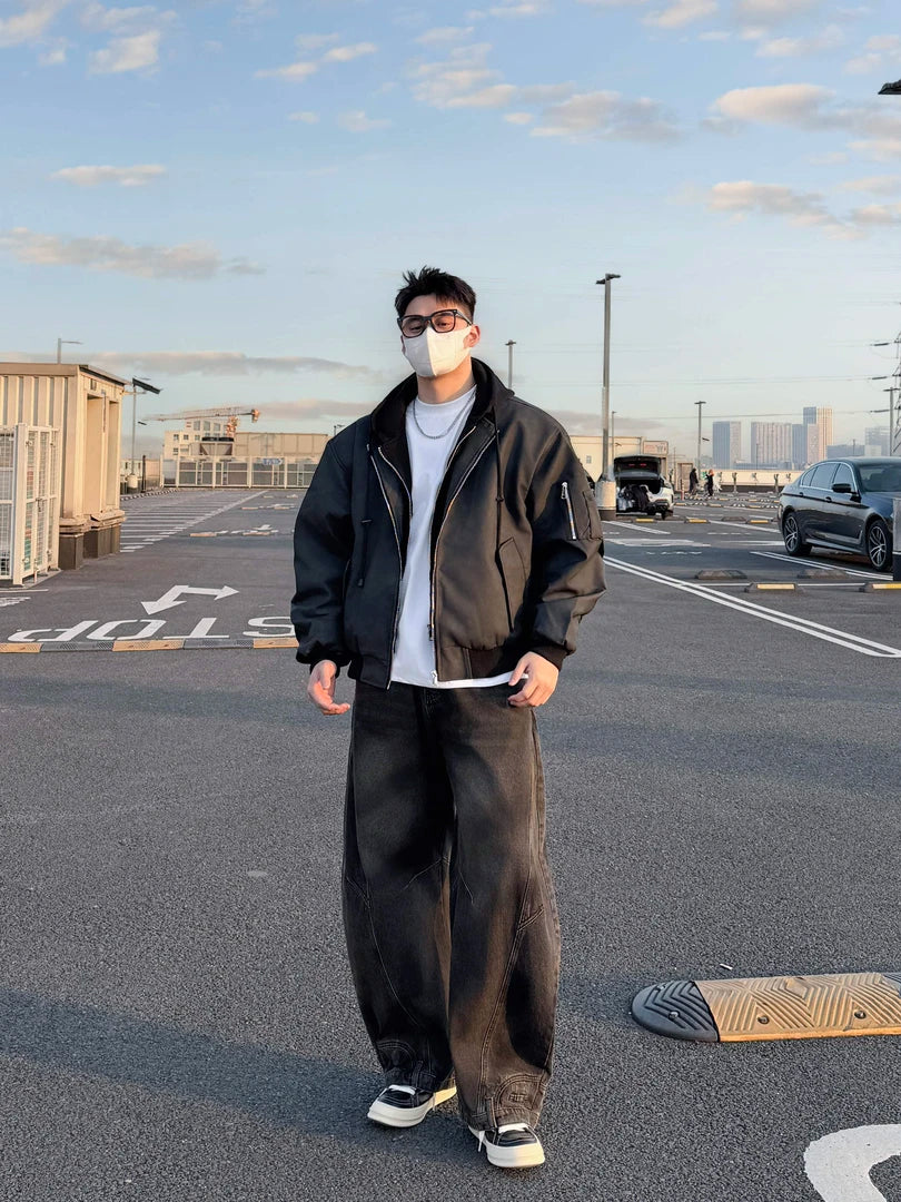 OVERSIZED HOODED BOMBER JACKET-STREETWEAR COAT WITH UTILITY POCKET EHW5009