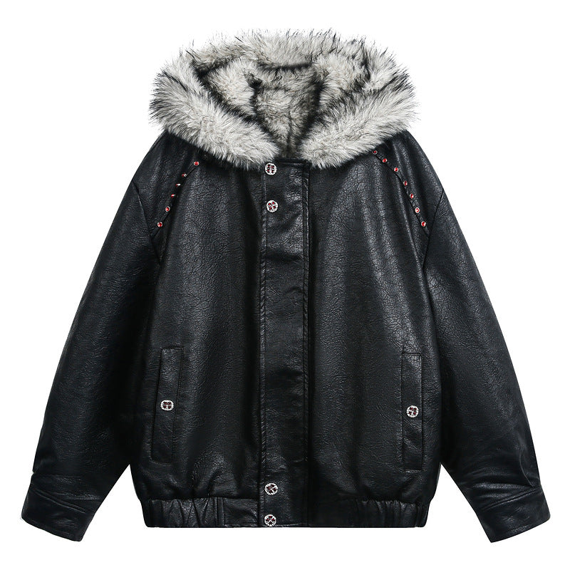 Amerikanischer Hip-Hop-Mantel mit Litschi-Muster, PU-Sitz, Bergmotiv, wattiert, trendige Herrenjacke mit Kapuze und Kapuze, SIN0899