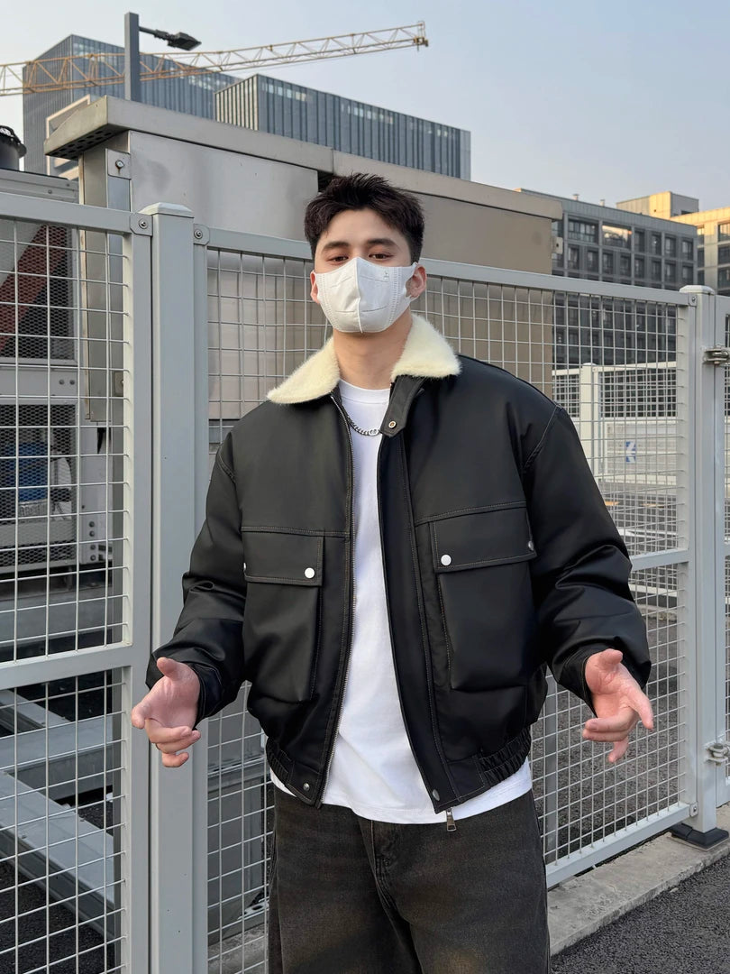 STREET STYLE BOMBER JACKET-BLACK LEATHER-LOOK WITH COZY CREAM COLLAR EHW5016