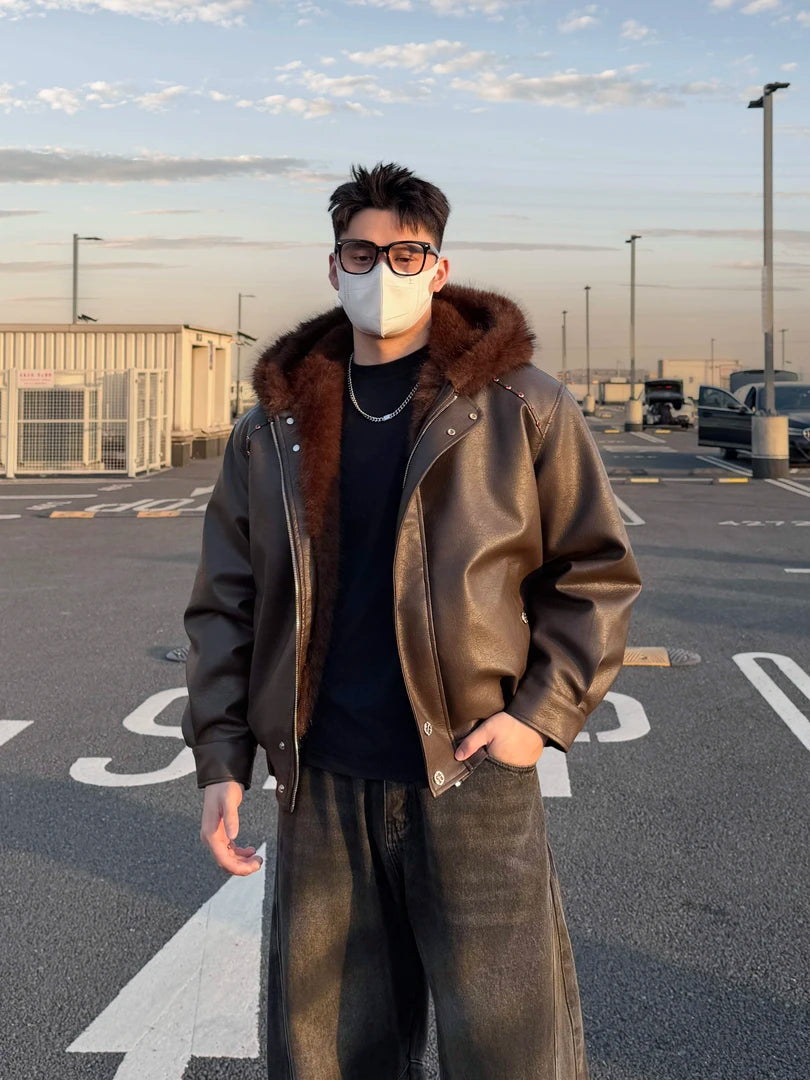 Amerikanischer Hip-Hop-Mantel mit Litschi-Muster, PU-Sitz, Bergmotiv, wattiert, trendige Herrenjacke mit Kapuze und Kapuze, SIN0899