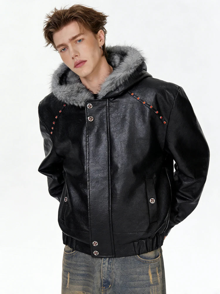 FAUX LEATHER FUZZY HOODED JACKET - EDGY STUDDED COAT EHW5026