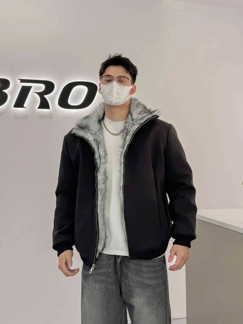 BOMBER JACKET WITH FAUX FUR COLLAR-STREET STYLE WARM ZIP-UP OUTWEAR EHW5012