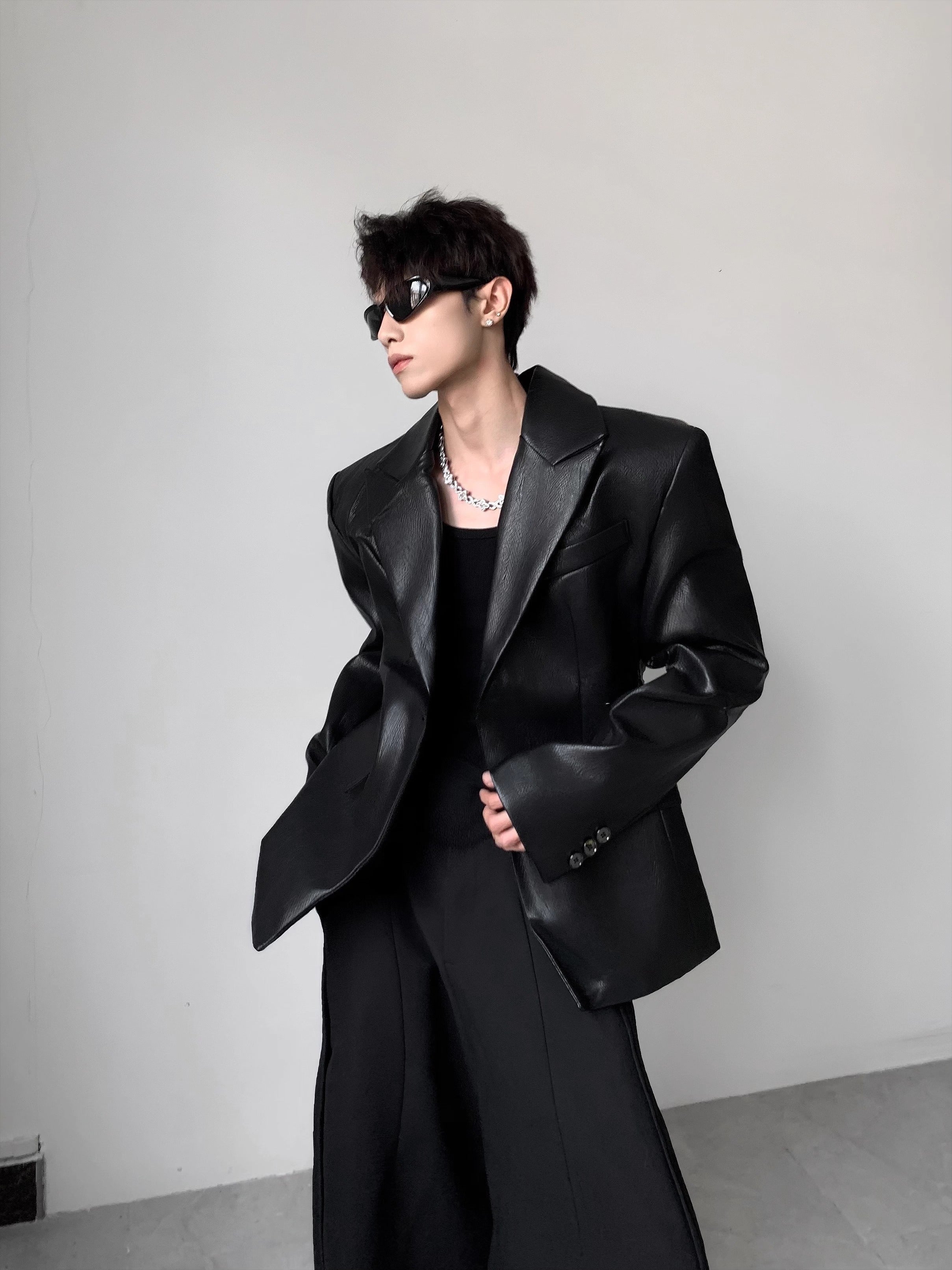 Light luxury suit version design shoulder padded leather jacket men's autumn advanced sense ruffian handsome waist suit
