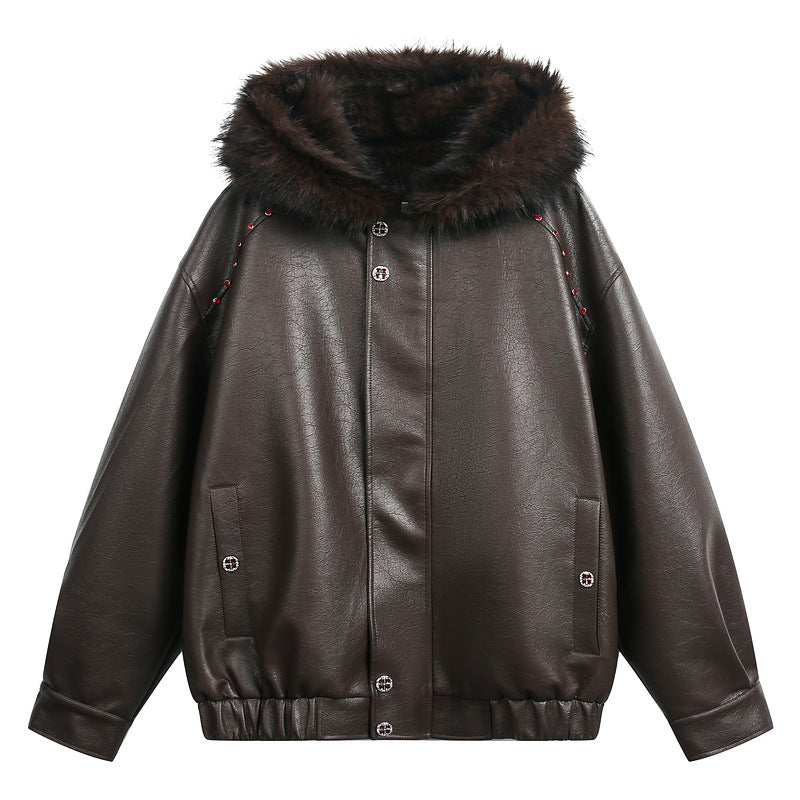 Amerikanischer Hip-Hop-Mantel mit Litschi-Muster, PU-Sitz, Bergmotiv, wattiert, trendige Herrenjacke mit Kapuze und Kapuze, SIN0899