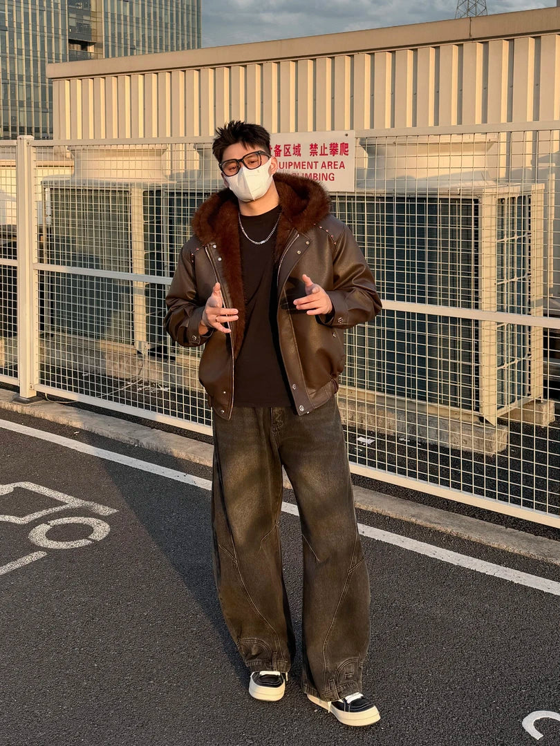 Amerikanischer Hip-Hop-Mantel mit Litschi-Muster, PU-Sitz, Bergmotiv, wattiert, trendige Herrenjacke mit Kapuze und Kapuze, SIN0899