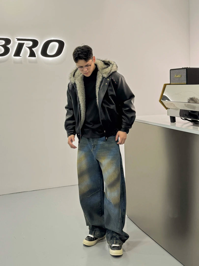 Amerikanischer Hip-Hop-Mantel mit Litschi-Muster, PU-Sitz, Bergmotiv, wattiert, trendige Herrenjacke mit Kapuze und Kapuze, SIN0899