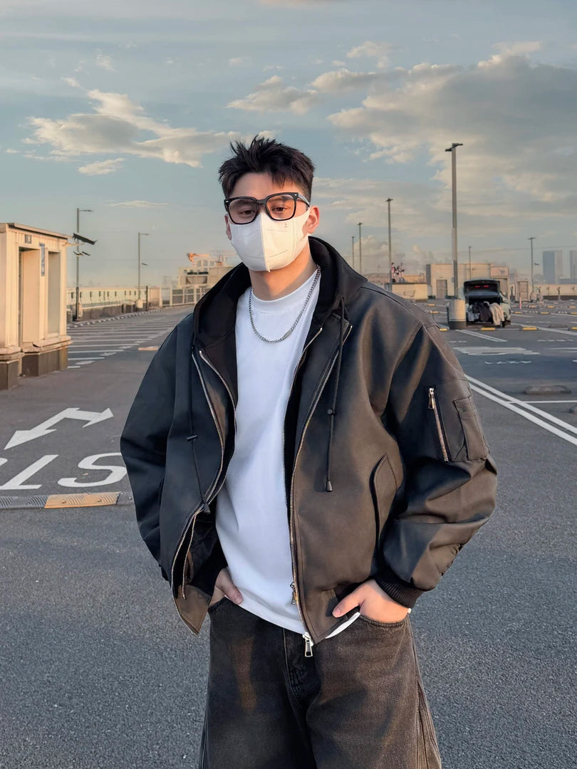 OVERSIZED HOODED BOMBER JACKET-STREETWEAR COAT WITH UTILITY POCKET EHW5009