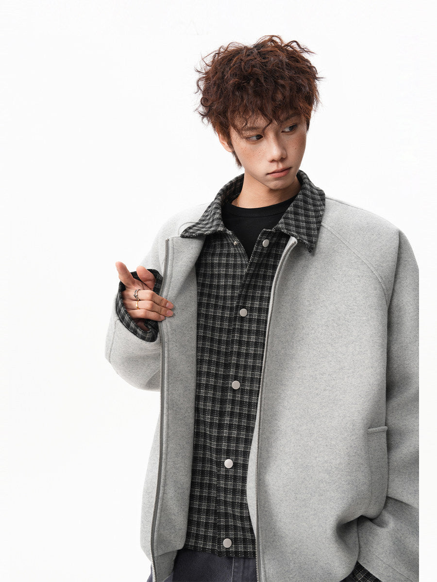 VINTAGE TWO-IN-ONE PLAID COLLR BOMBER OVERSIZED UNISEX STREET JACKET EHW5003