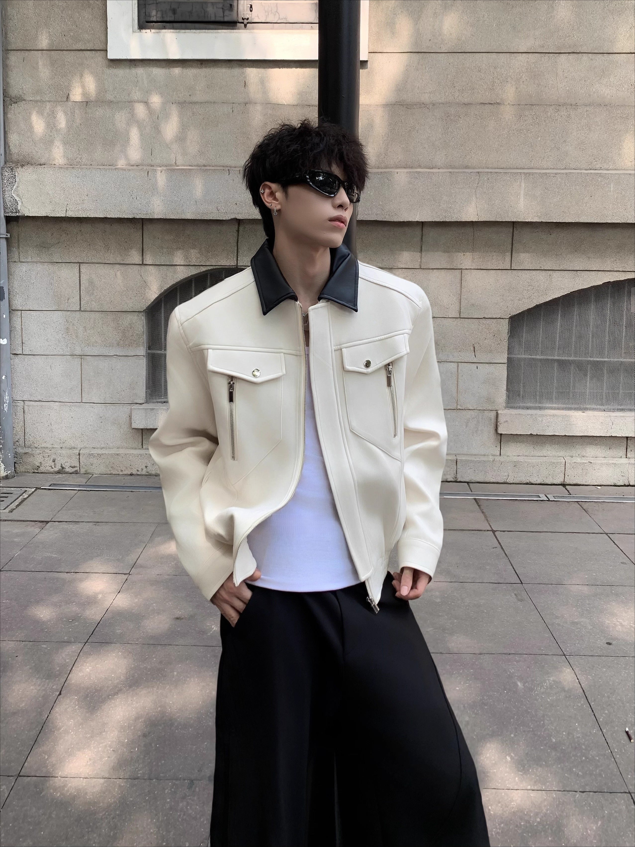 Light luxury deconstruction splicing design sense barn style shoulder padded jacket men's cleanfit suede jacket tide