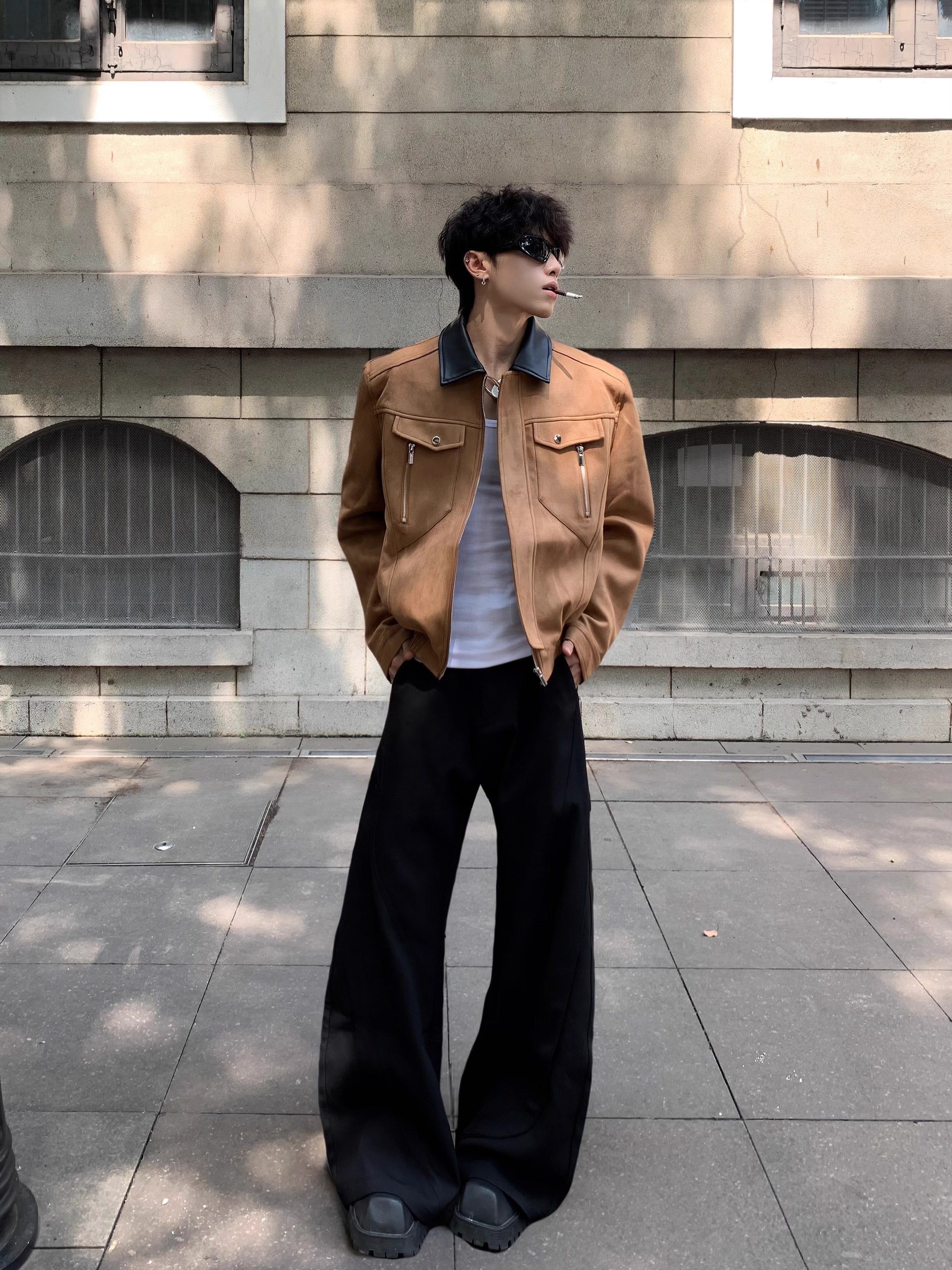 Light luxury deconstruction splicing design sense barn style shoulder padded jacket men's cleanfit suede jacket tide