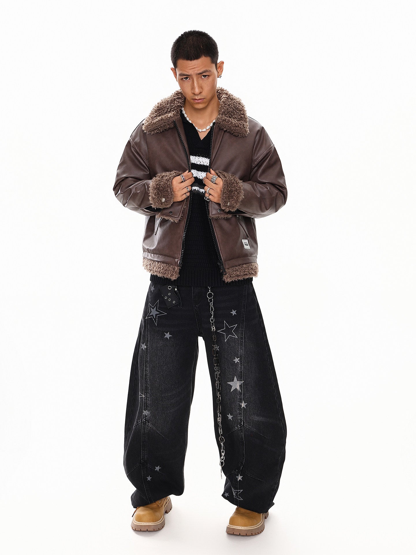 Vintage brown Shearling Collar Faux Leather Jacket EHW5017