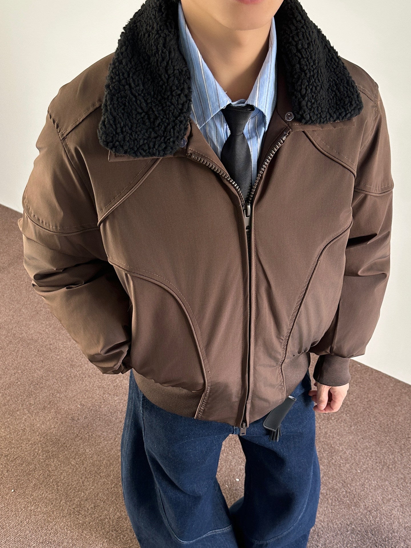 OVERSIZED BOMBER JACKET WITH REMOVABLE FLEECE COLLAR-CASUAL OUTERWEAR EHW5013