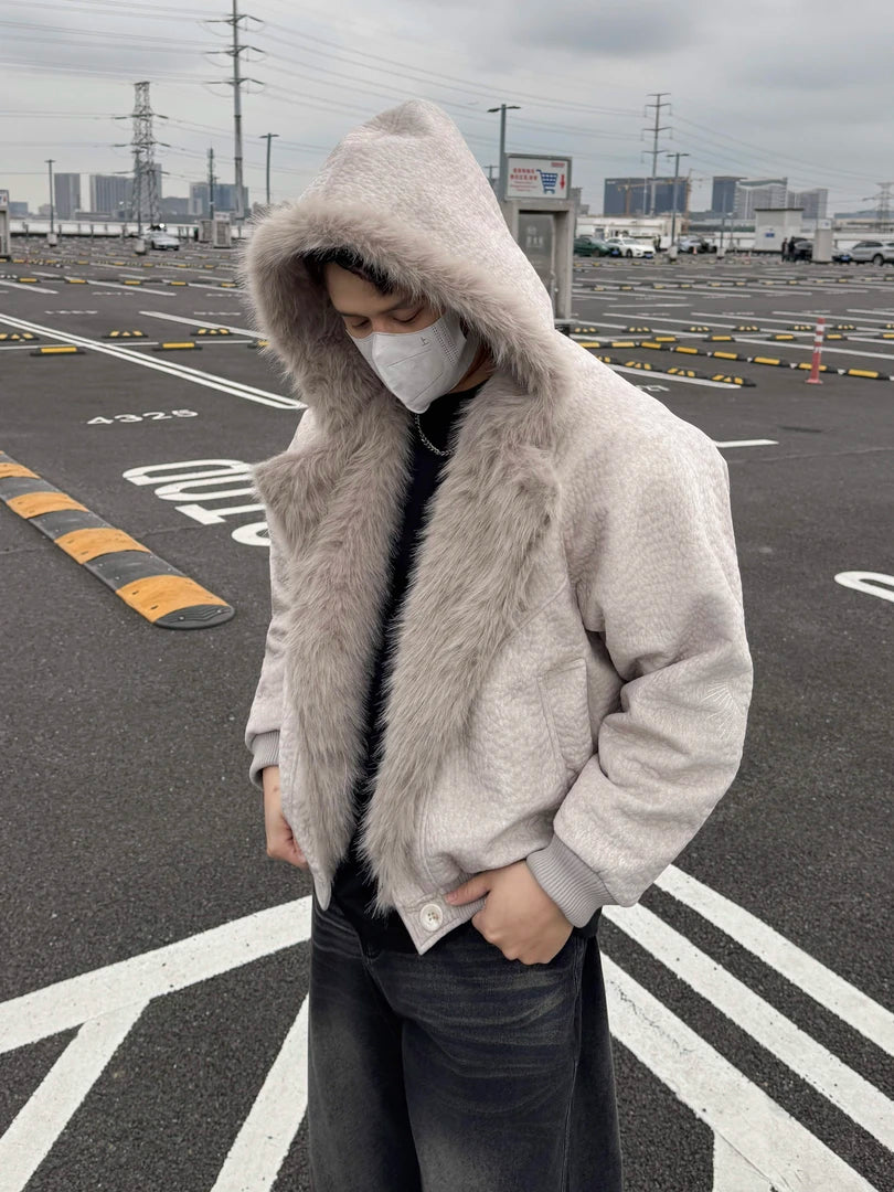 FAUX SHEARLING HOODED JACKET-FUZZY COLLAR&CONTRAST DETAILS, OVERSIZED WARM OUTWEAR EHW5018