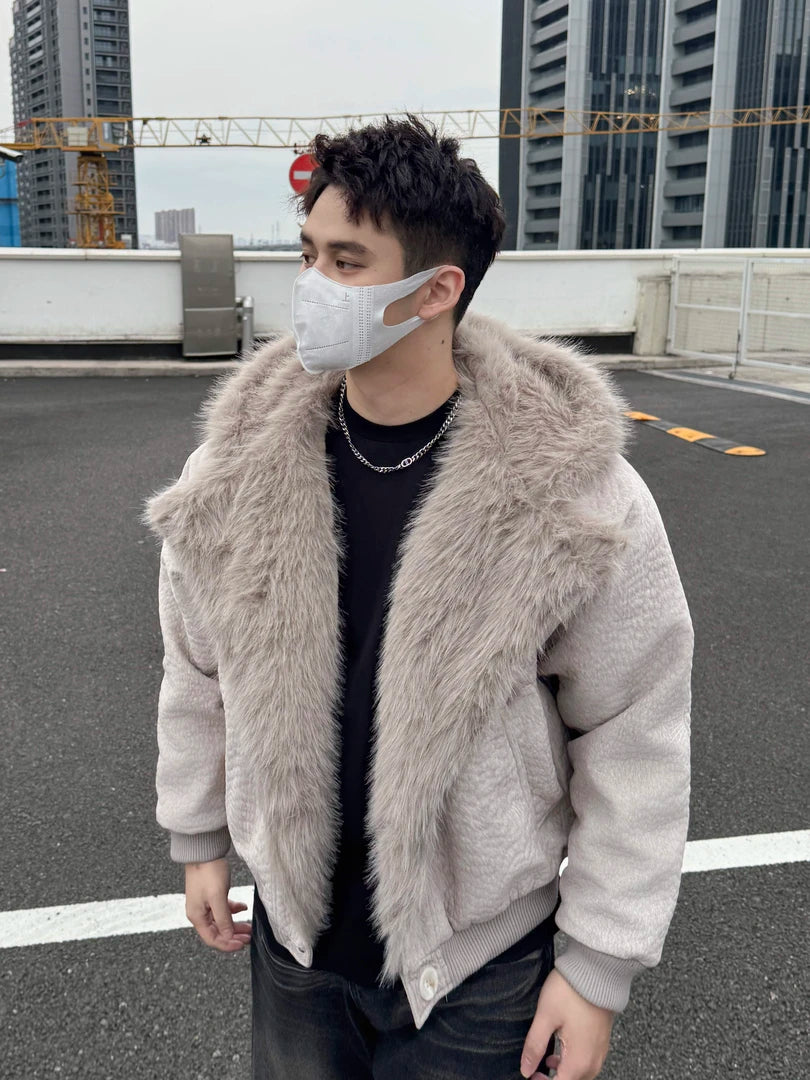 FAUX SHEARLING HOODED JACKET-FUZZY COLLAR&CONTRAST DETAILS, OVERSIZED WARM OUTWEAR EHW5018