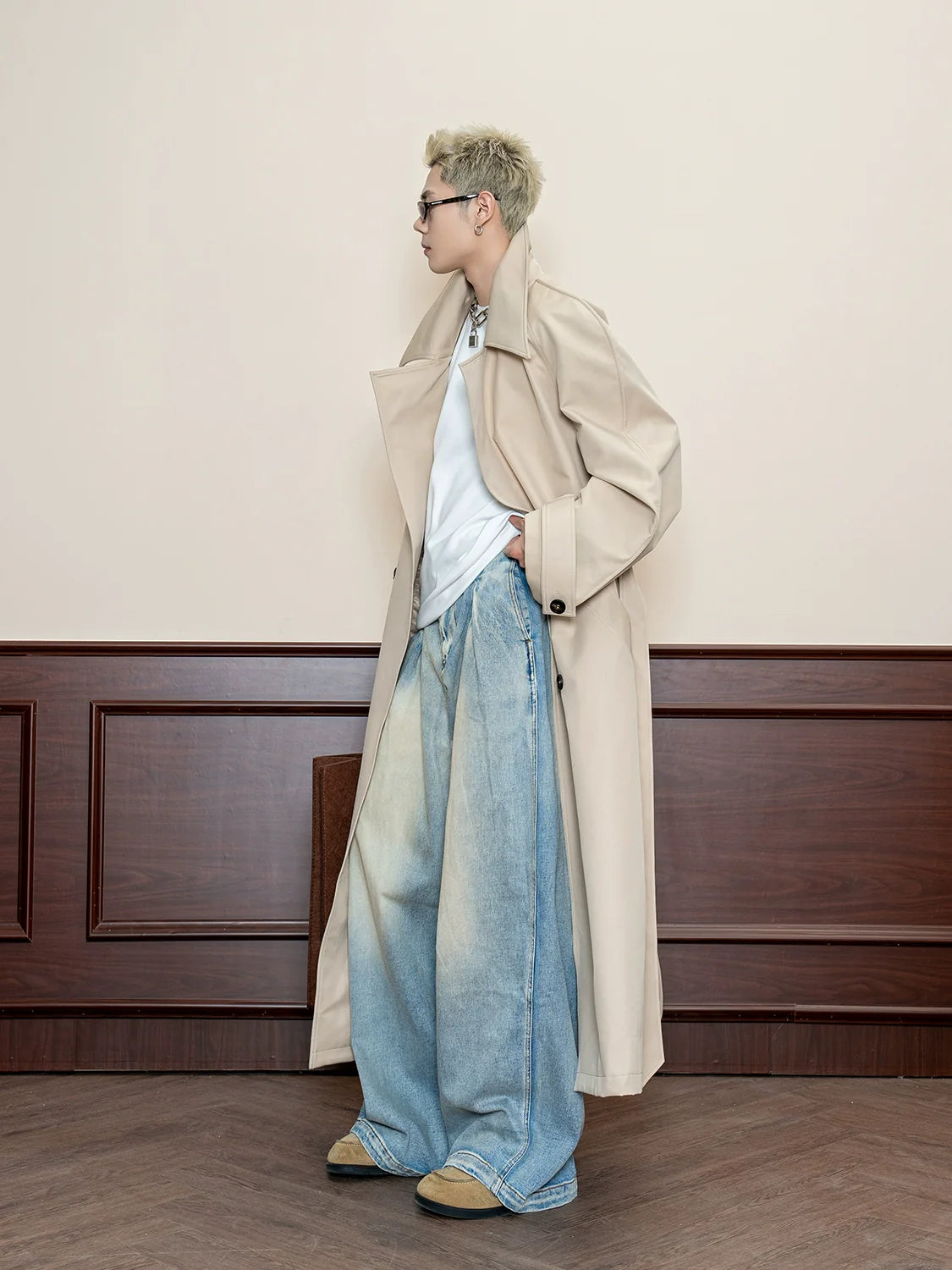 레트로 스트릿 스타일의 워싱 처리된 주름진 청바지, 남성용 봄/가을 활용도 높은 면 소재 와이드 팬츠