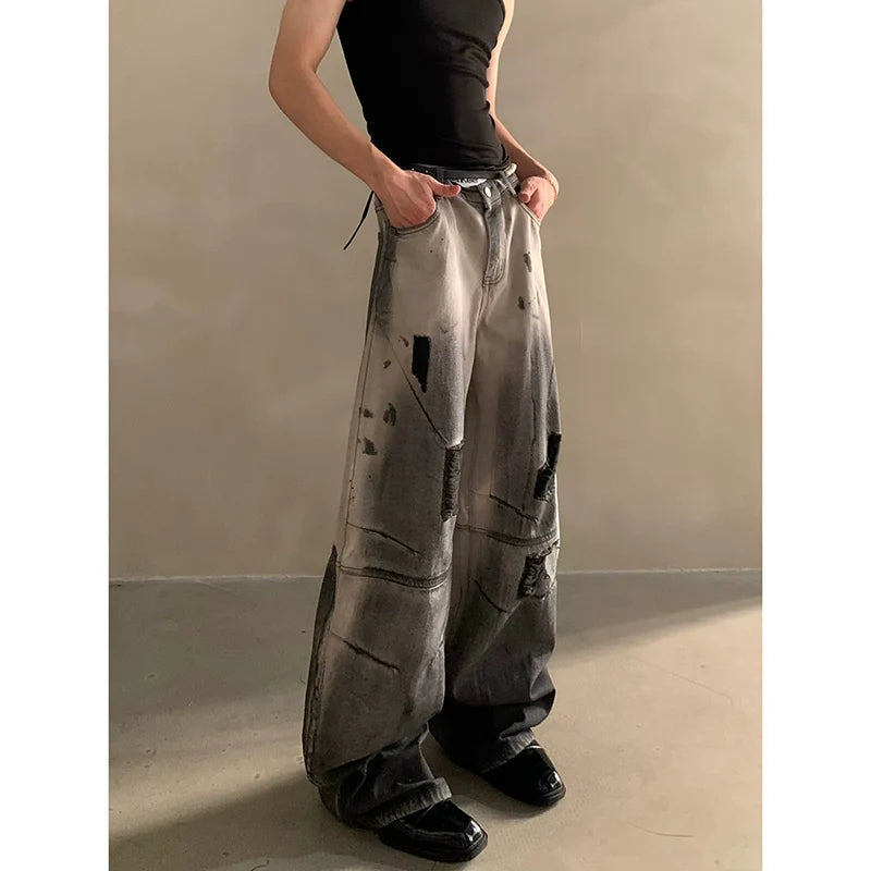 Niche waste soil tie-dye hole design shoulder padded denim jacket men's high-end suit tide