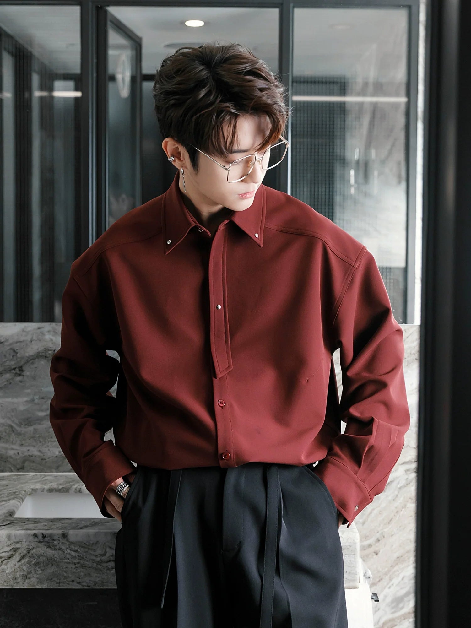 Men's Loose Casual Lapel Shirt Men's Solid Color Premium Tie Long Sleeve Shirt