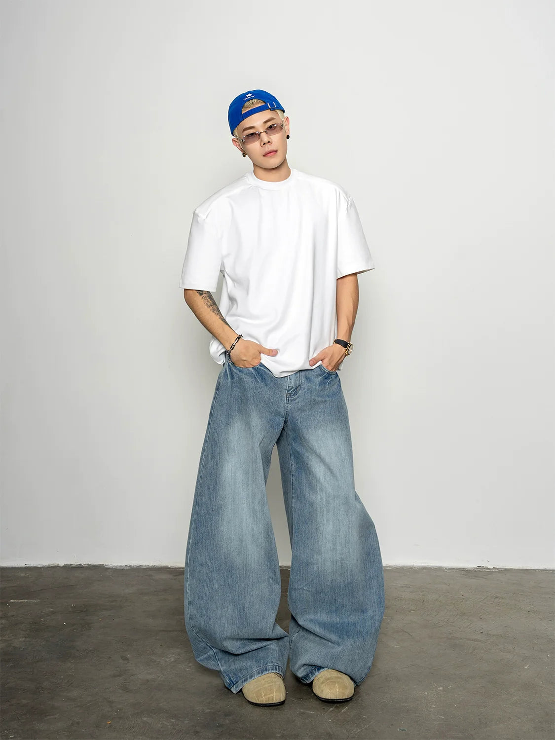 Classic Versatile Old Wash Water Bamboo Pattern Burr Edge Scimitar Jeans Loose Wide Leg Pants