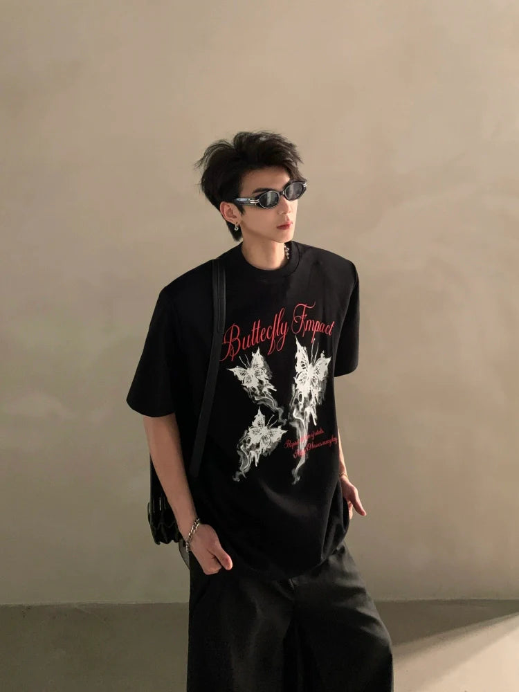 Summer niche high-end butterfly printing heavy shoulder pads short-sleeved T-shirt men's half-sleeved top tide