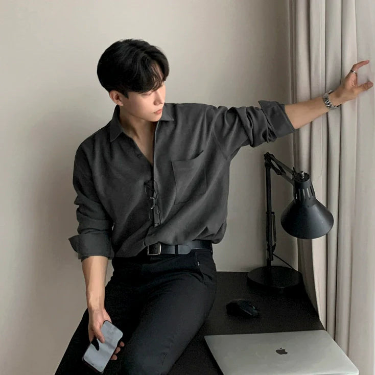 고급 부자 스타일의 캐주얼 긴팔 셔츠, 남성용 가을 한국풍 루즈핏 고급 셔츠, 다림질 필요 없는 옷