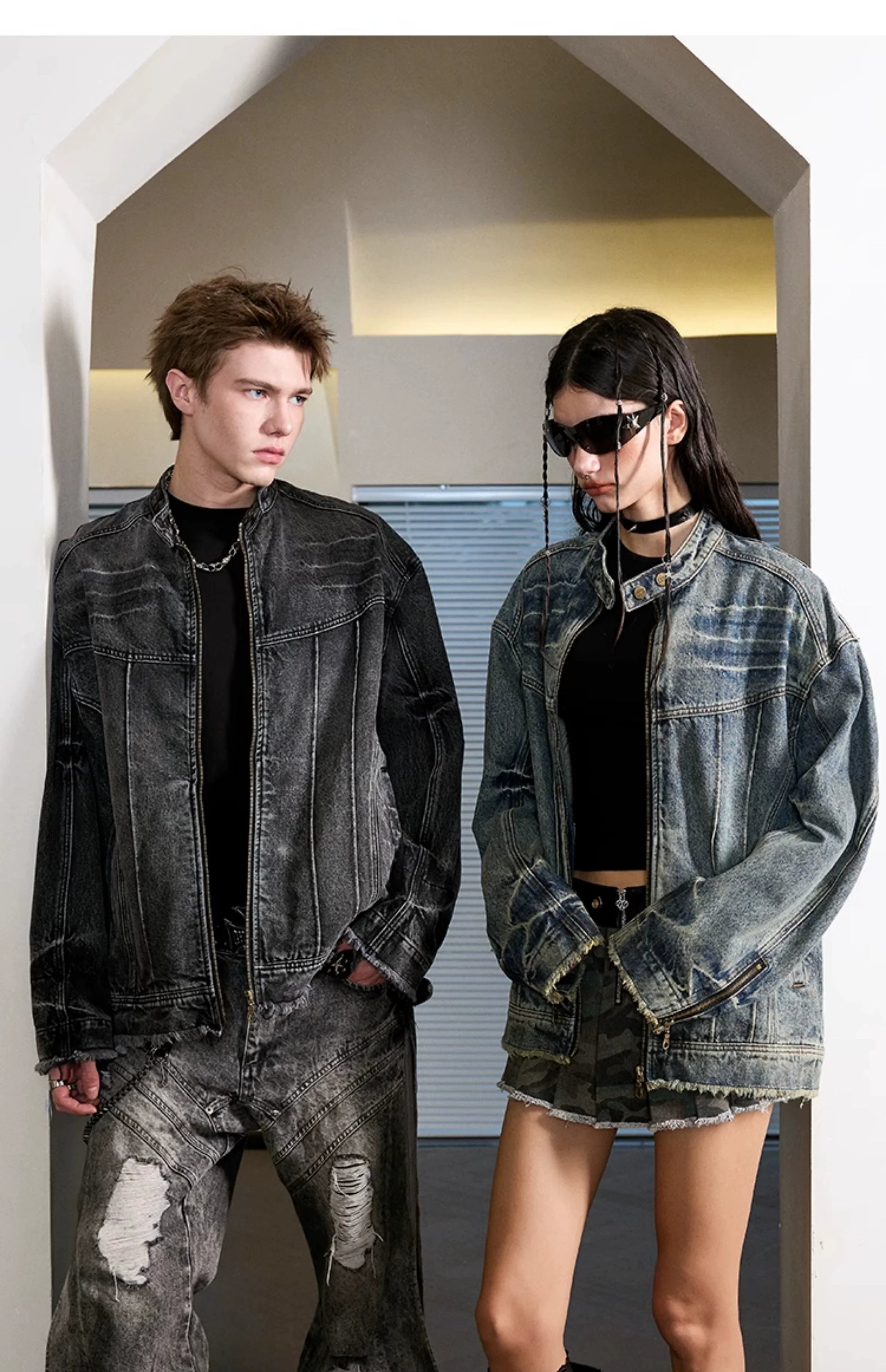 Heavy washed denim jacket American high street stand-up collar jacket SIN0992