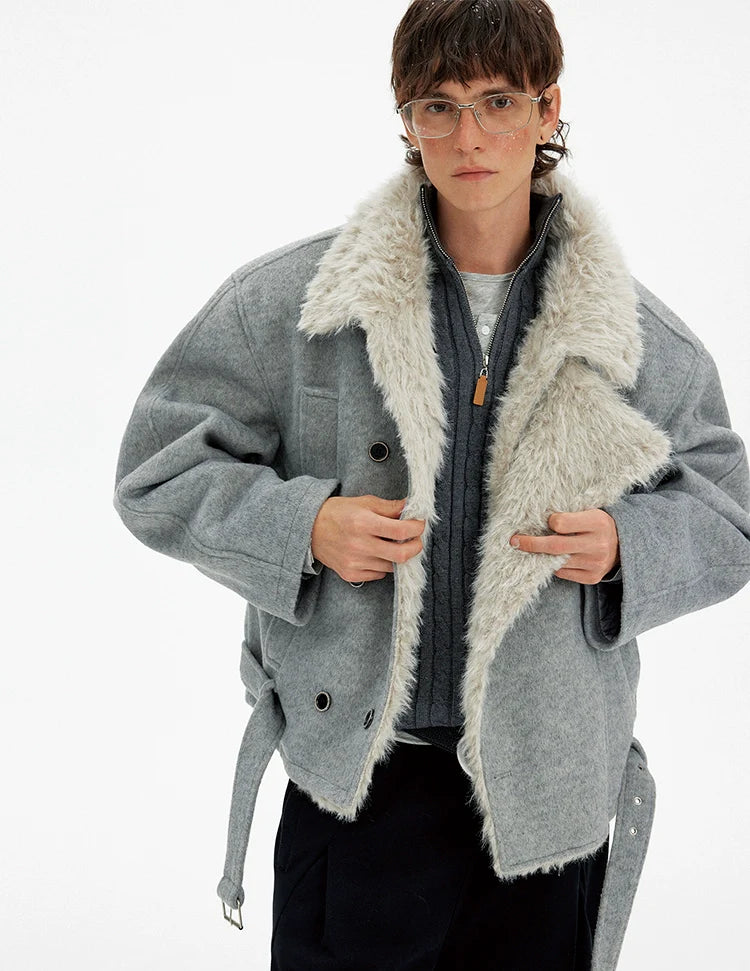 Vintage high-end double-breasted fur collar cotton clothes men's and women's winter casual wool blended warm jacket