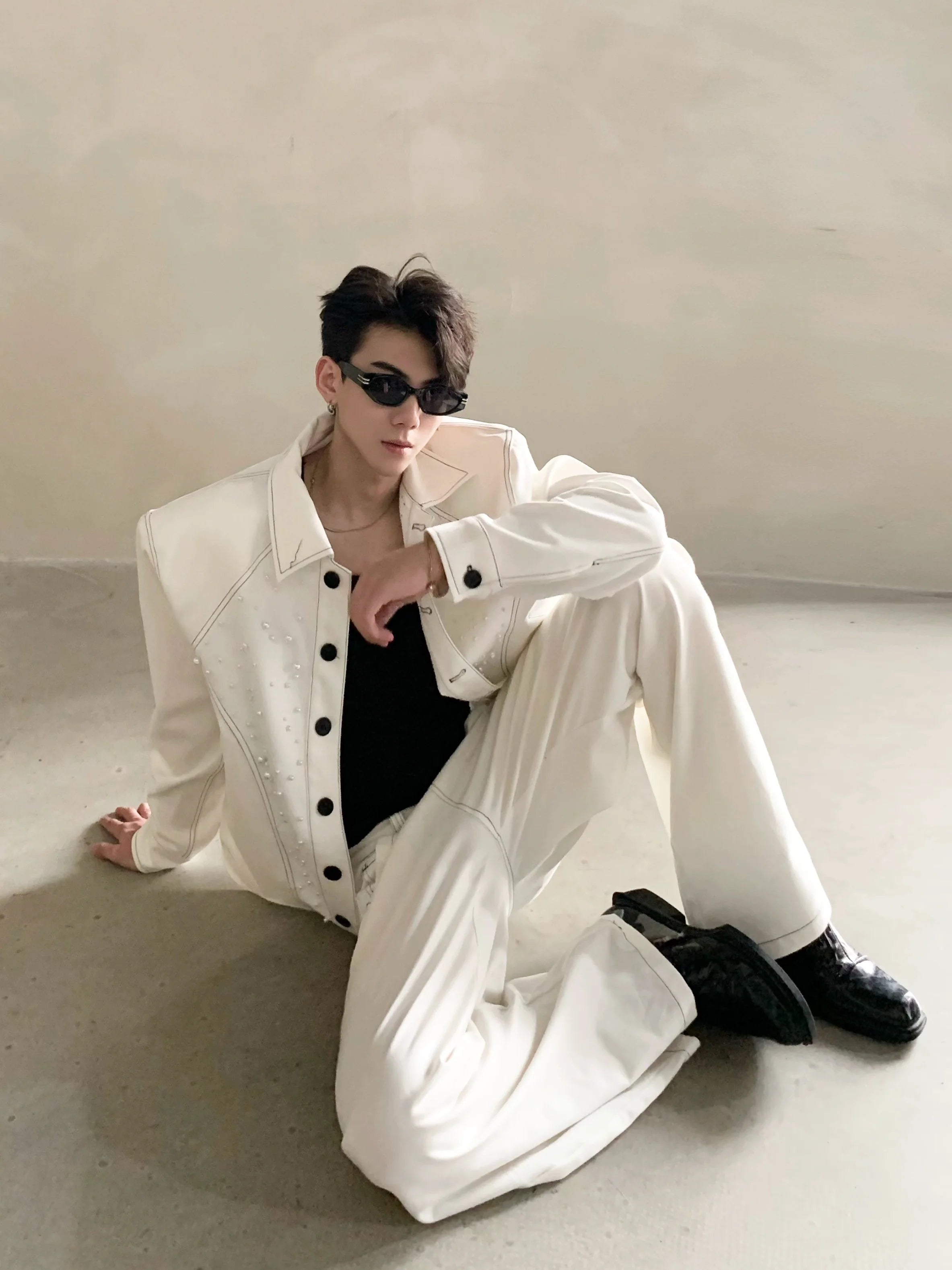 Niche high-end white shoulder padded jacket jacket men's autumn trousers suit minimalist style