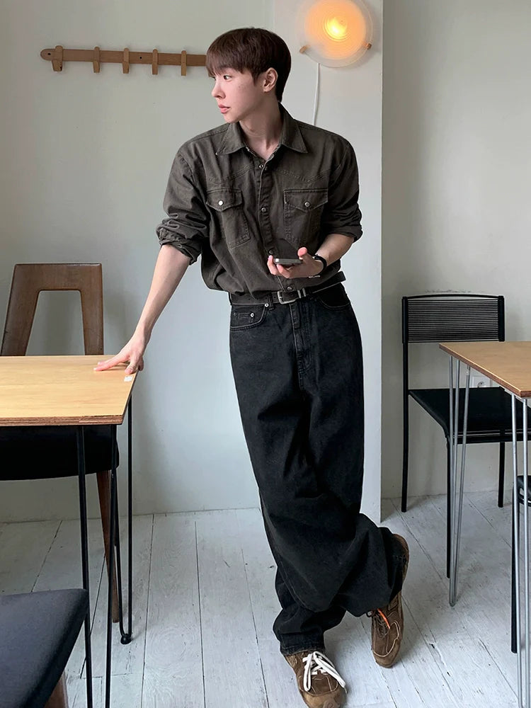 올드 머니 윈드 툴링 긴팔 셔츠 남성용 가을 루즈핏 캐주얼 셔츠 한국 통근용 올드 탑