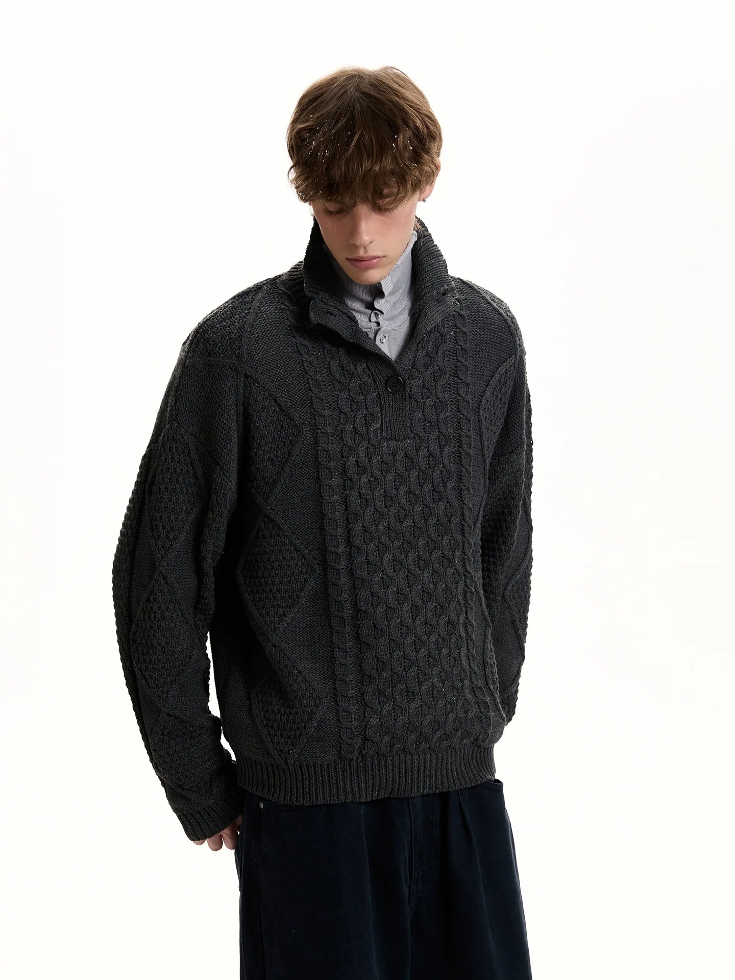 Schwerindustrie-Strickpullover mit Stehkragen, grob gestrickt, SIN0961