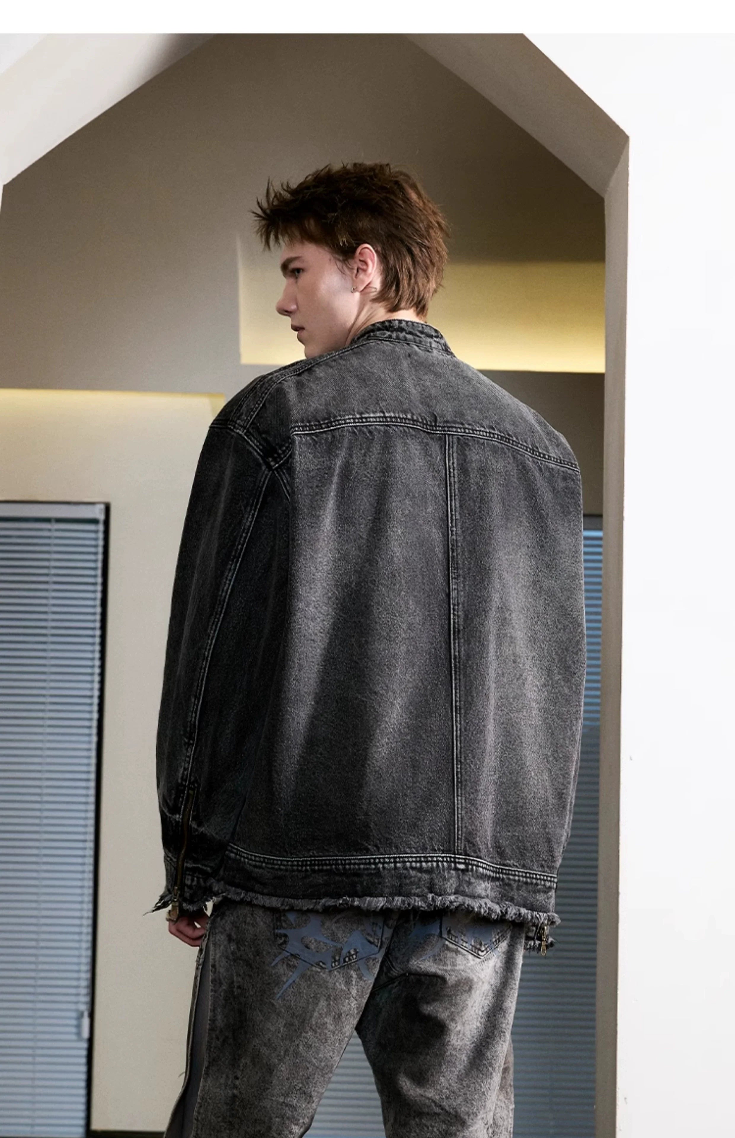 Heavy washed denim jacket American high street stand-up collar jacket SIN0992